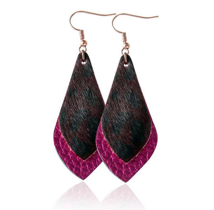 Printing Leopard drops earrings Autumn & Winter Double layers leaf real leather drop earrings for women gift GD4
