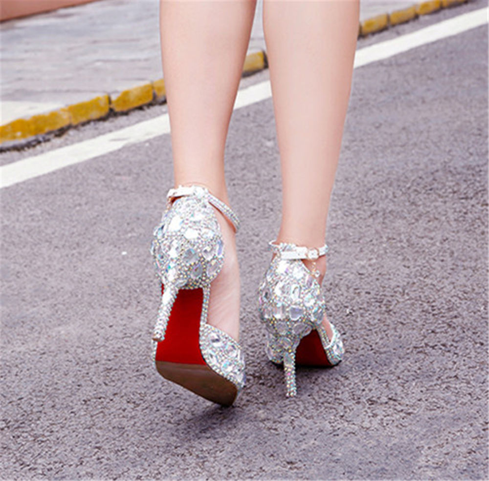 Handmade Brides Wedding Shoes Crystals Decorated ankle straps bridesmaid heels Prom Party Pump heel 9cm 7cm 55cm size 3440
