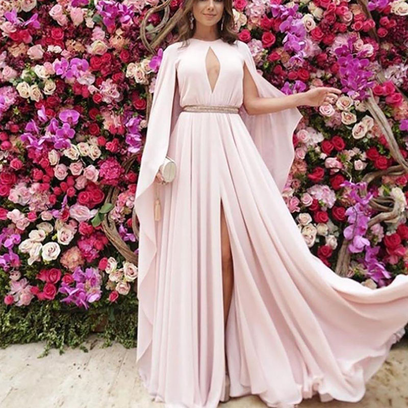 Elegant Chiffon A-Line Evening Dresses With Cape Dubai Arabic Saudi Muslim Front Slit Prom Dress Formal Party Gowns