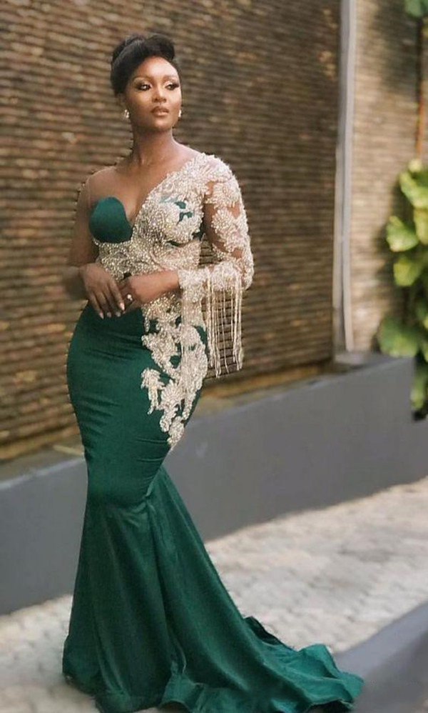 Women's Prom Dress For Black Girls Long Mermaid Major Beading Jewel Zipper Illusion Evening Gowns
