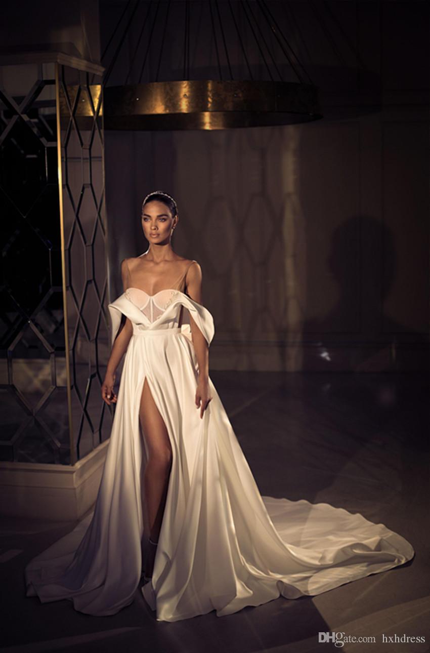 Sexy Elihav Sasson A Line Dresses V Neck Off Shoulder High Side Split Vestidos De Novia Satin Sweep Train Wedding Bridal Gowns estidos