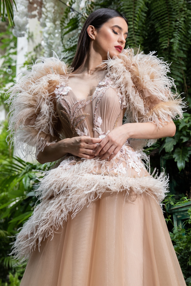 Champagne Feather Prom Dresses V Neck Lace Appliqued Beaded Short Sleeve Celebrity Party Gowns Floor Length Costume Formal Evening Dress