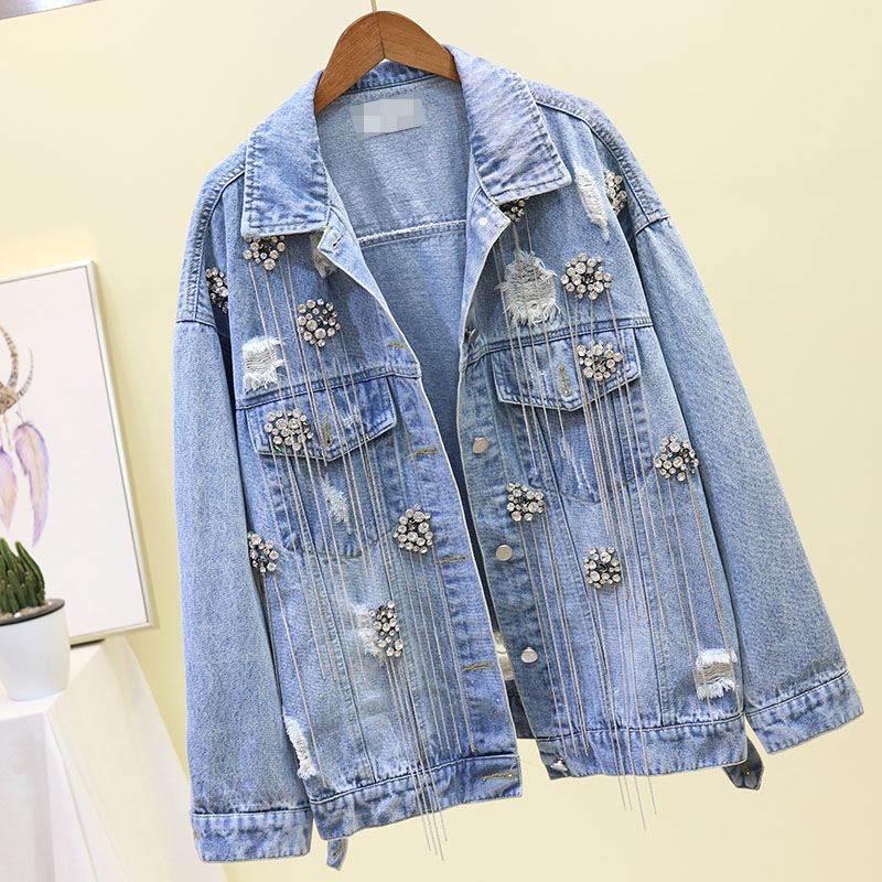 2019 New Sprig Autumn Long Sleeve Women Denim Jackets All-match Diamond Tassel Hole Students Jeans Single Breasted Outwear, Blue
2019 New Sprig Autumn Long Sleeve Women Denim Jackets All-match Diamond Tassel Hole Students Jeans Single Breasted Outwear, Blue