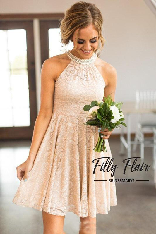 O-Neck Full Lace Short Bridesmaid Dresses Beaded With Pearls Collar Jewel Neck Zipper Back Western Maid of Honor Dresses Cheap