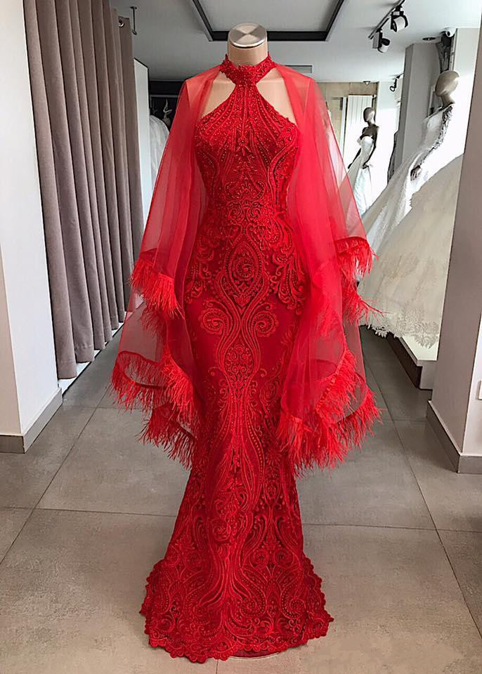 African Red Feather Mermaid Prom Dresses With Wrap High Neck Lace Appliqued Beads Party Gowns Vestidos Special Occasion Dresses Evening Wear