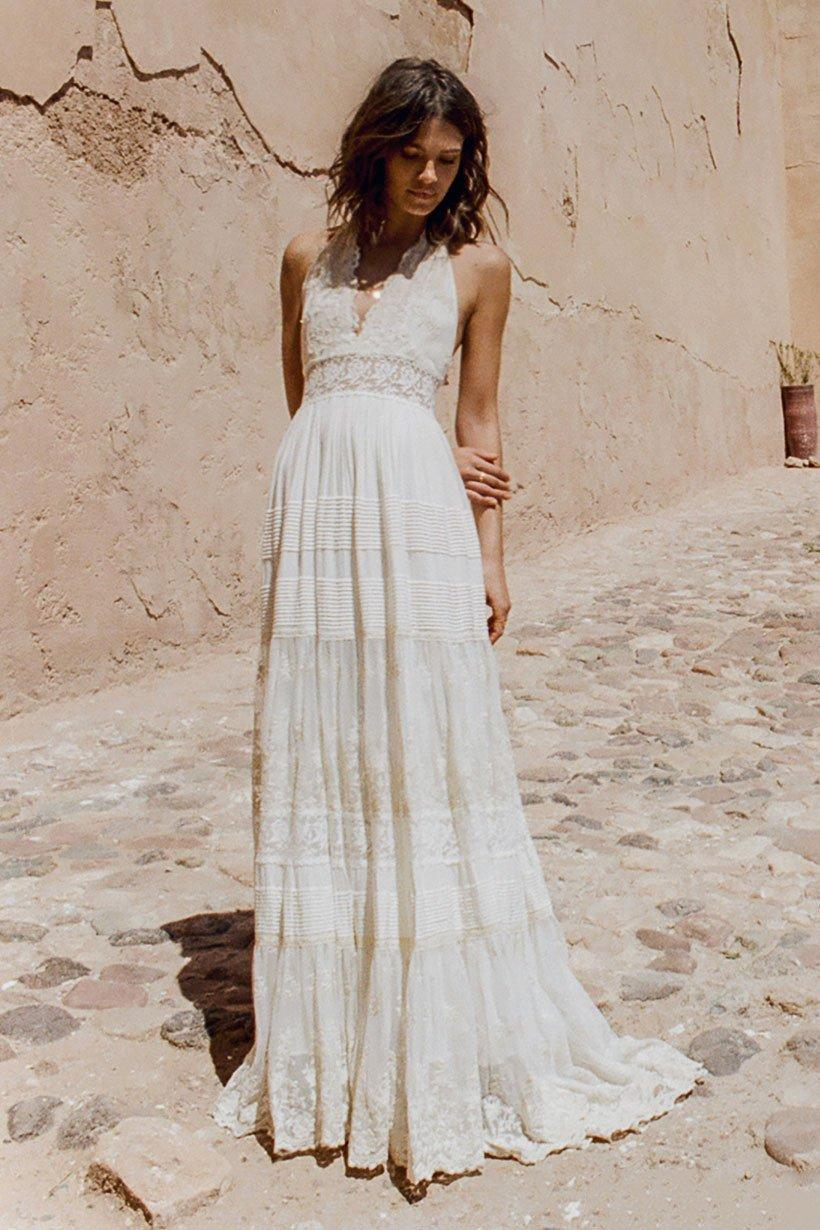 Bohemian Lace Vintage Dresses Retro Halter V Neck Backless Free People Hippie Country Style Bridal Dress Wedding Gown 0220