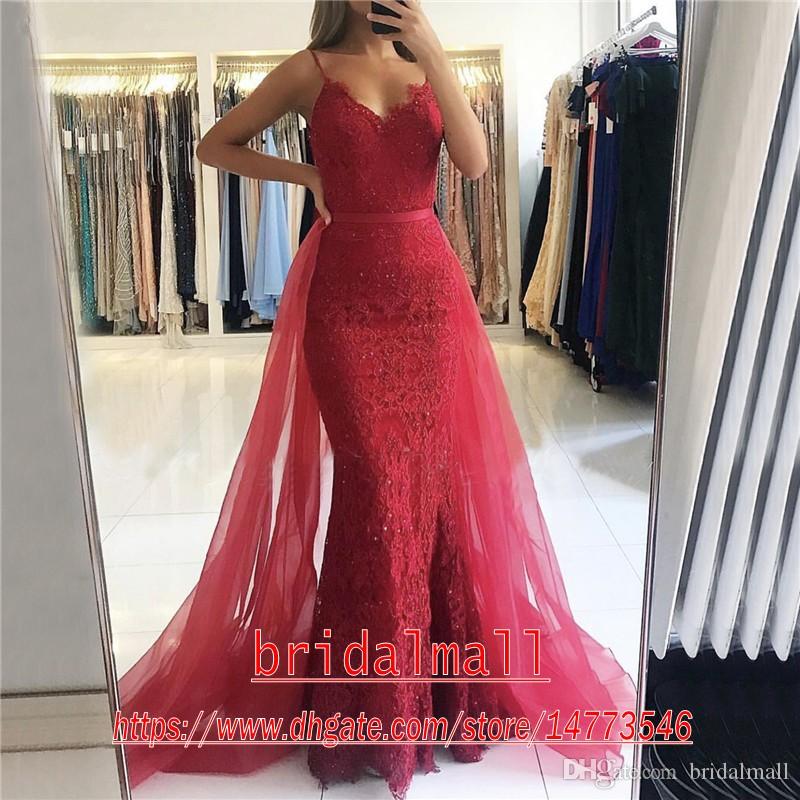 Green Sexy Dark Lace Mermaid Dresses With Detachable Train Spaghetti Straps Formal Pageant Prom Dress Cheap Party Evening Gowns