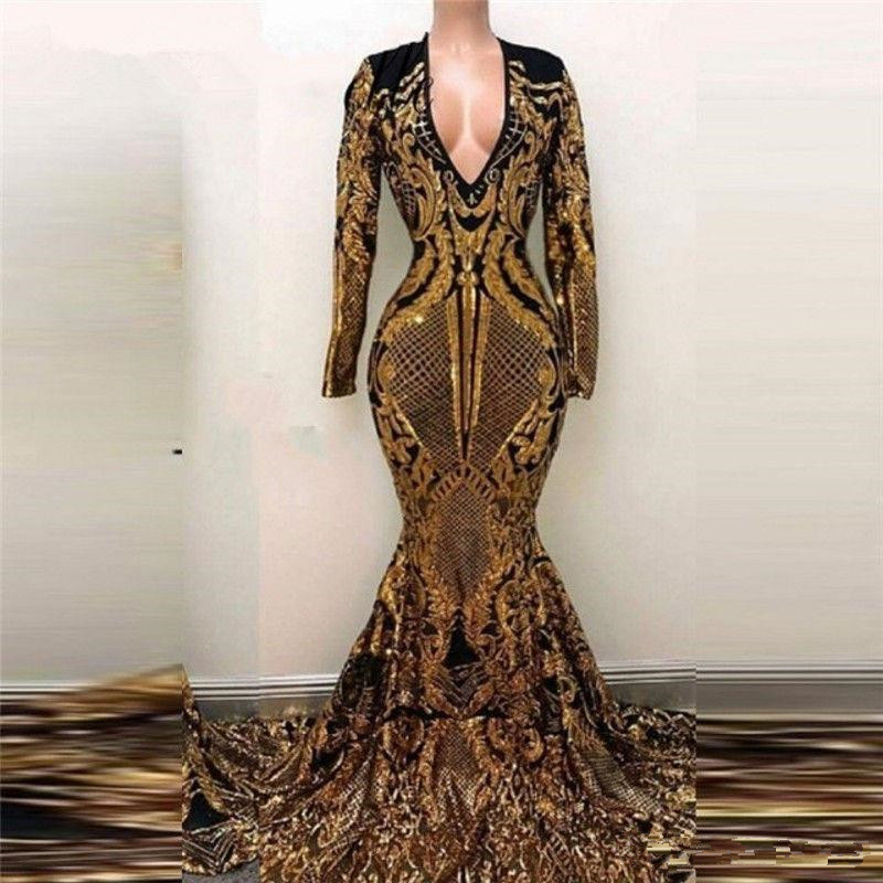 2019 Luxury Gold black Prom Dresses Mermaid off shoulder Sexy African Prom Gowns Vestidos Special Occasion Dresses Evening Wear