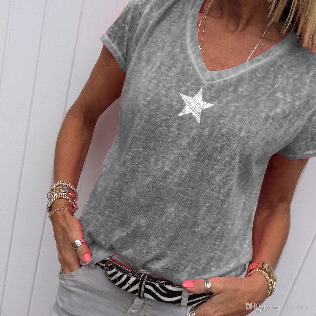 2020 Summer Explosion Models V-neck Print Five-pointed Star Loose Female Short-sleeved T-shirt Neon Tops Roupas Femininas