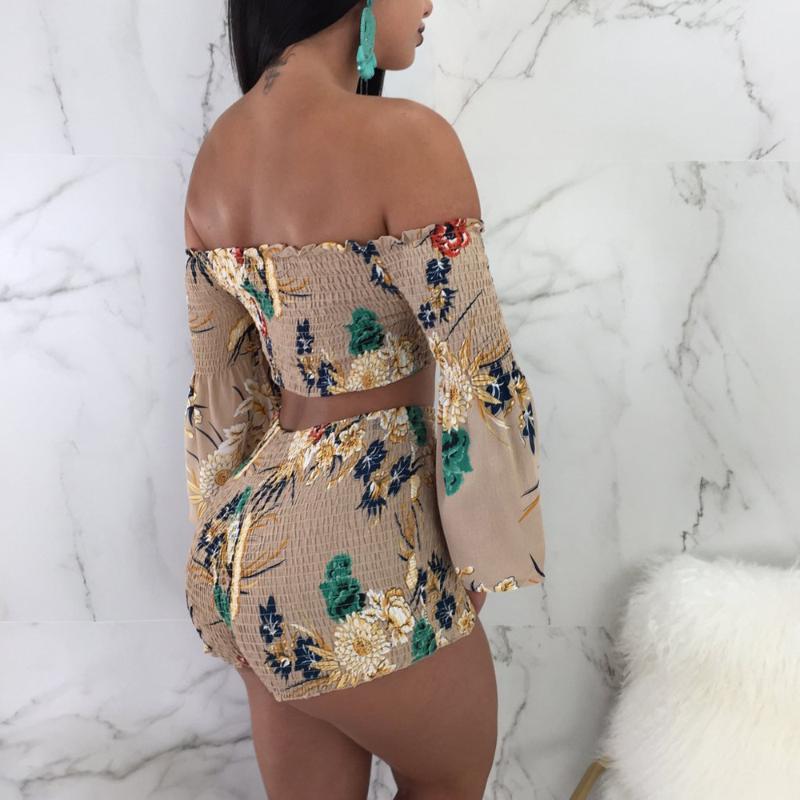 2020 Floral Print Casual Two Piece Set Off Shoulder Cami Top & Shorts Set Summer Short Tracksuit Women Sexy Bodycon Romper S-XXL1