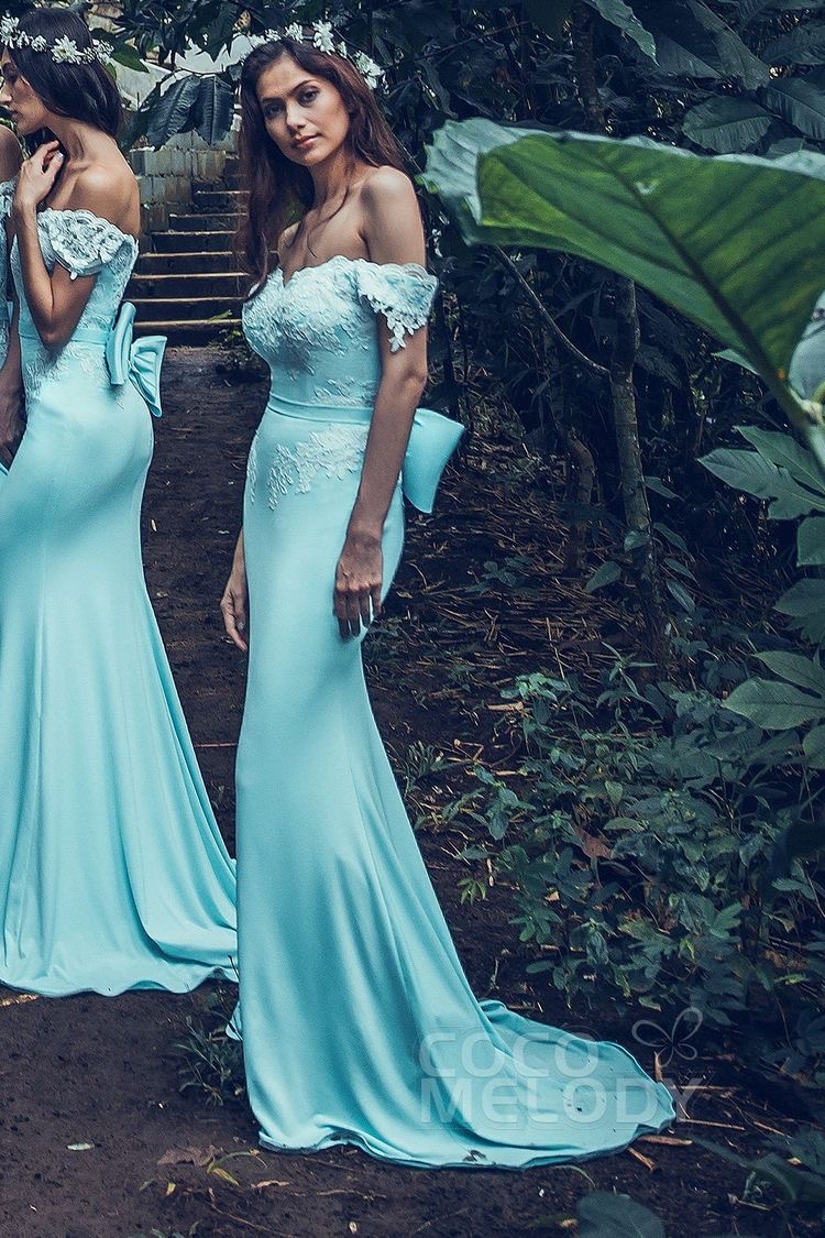 Forest Mermaid Baby Blue Bridesmaid Dresses Off Shoulders Soft Bright Satin Long Top Lace Prom Gowns With Big Bow Summer Country Custom Made