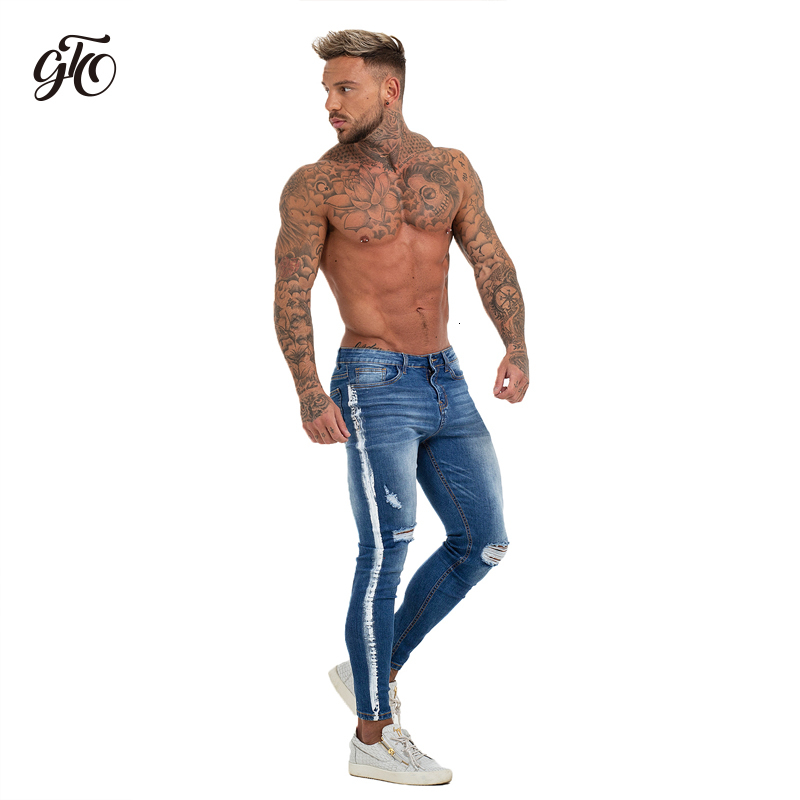 Gingtto Mens Jenas Side Stripe Super Spray on Skinny Jeans Men Plus Elastic Waist Europe Size Athletic Body Type Street Fashion CJ191210