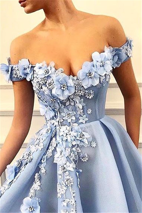 Sky Blue Princess Evening Formal Dresses 2019 Off Shoulder 3D Floral Pearls Puffy Skirt Arabic Dubai Occasion Prom Gowns