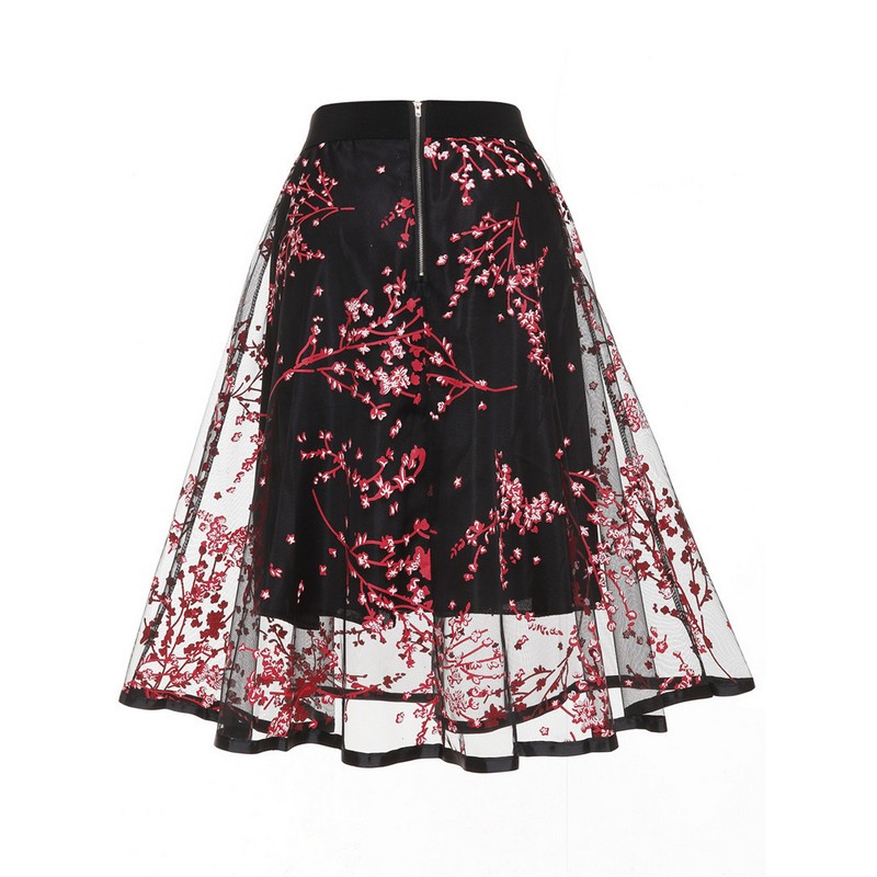 Women Casual Vintage Fashion European Style Fashion Floral Embroidery Elegant A-line Organza Tulle Skirt Black Red Green Drop Ship