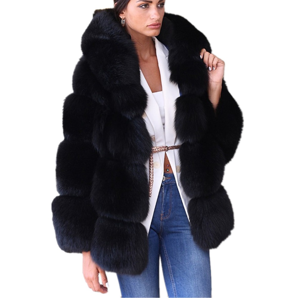 Women's Faux Fur Winter Coat Jacket Long Sleeve V-Neck Warm Outwear With Hood Black B3