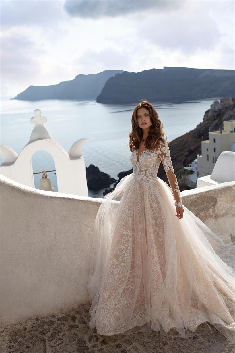 a line wedding dress v neck long sleeves lace sequins appliqued court train bridal dress backless tulle custom made robes de marie