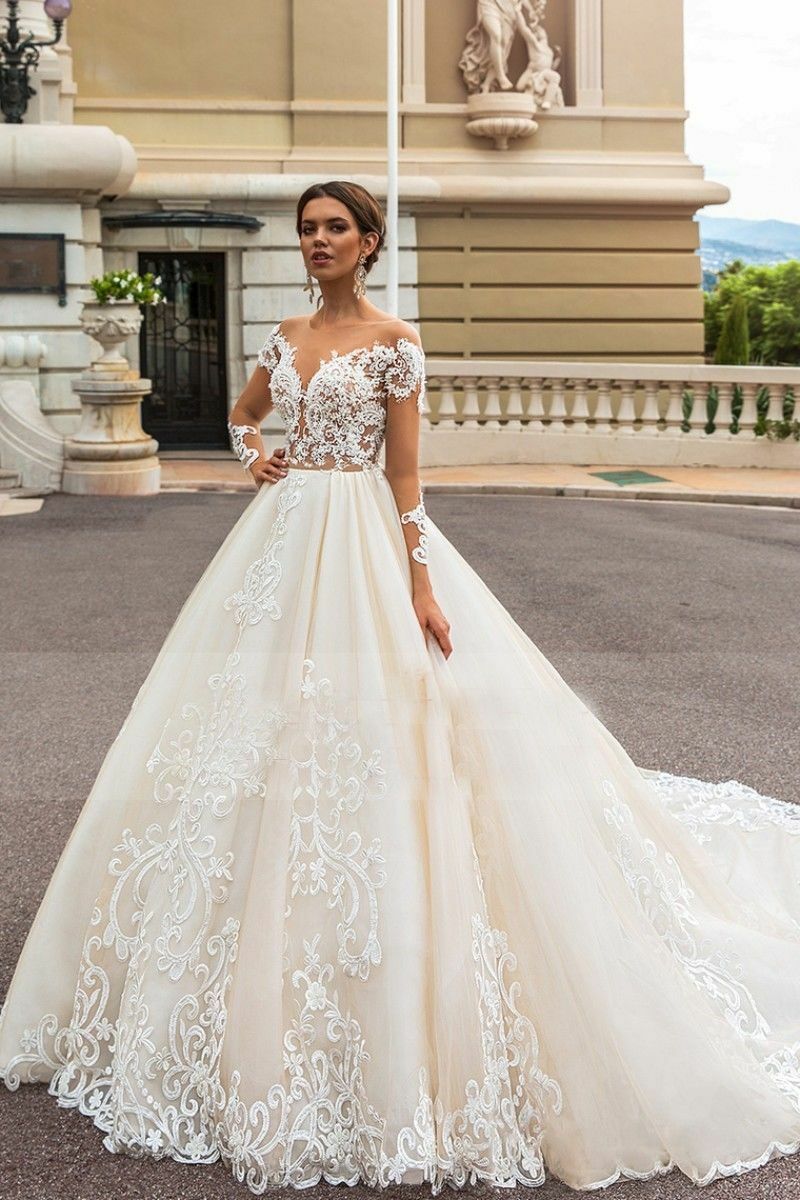 champagne ball gown dresses sheer sweetheart long sleeves bridal gowns lace appliqued tulle wedding dress