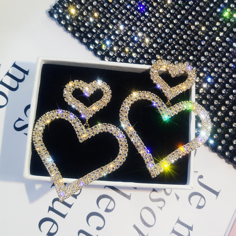 Fashion Cute Female Big Double Heart Earrings Fashion Silver Gold Wedding Drop Earrings Jewelry Vintage Long Dangle Earrings For Women