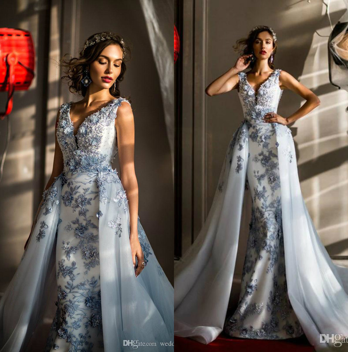2019 Mermaid Beaded Evening Dresses With Detachable Skirt Plunging Neck 3D Appliqued Prom Gowns Organza Plus Size Formal party Dress