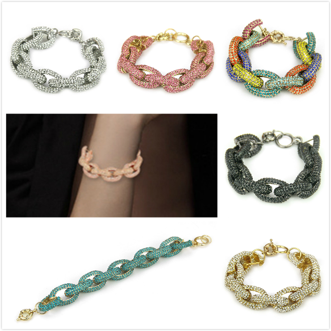 New Arrival Personalized Bling Colorful Diamond Womens Cuban Link Chain Bracelet Gold Plated Hip Hop Rapper Chains Jewelry Gift for Women