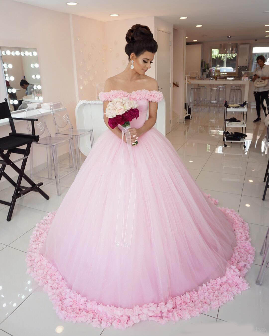 Ball Gown Quinceanera Pink Pleats Ruched Tulle Off the Shoulder Lace up Back Sweep Train Sweet 16 Dress Evening Gown With Bow Back