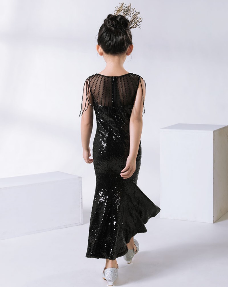 2020 Cute Kids Formal Wear Black Sequins Flower Girls Dresses For Wedding Children Pageant Dresses Ball Gown