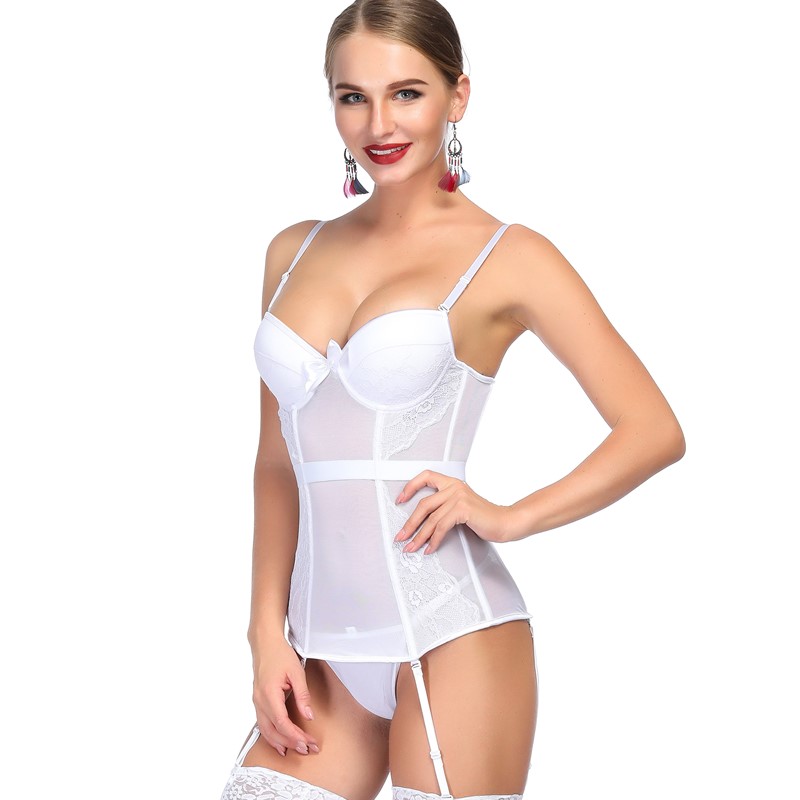 Women Sexy Push-up Bra Eyelash Lace Mesh White Bridal Lingerie Corset Bustier with 4 Garter Belts Gothic Burlesque Overbust Corselet S-XXL