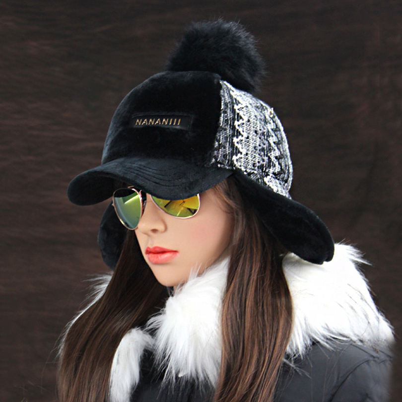 Winter Faux Cashmere Bomber Hat Women Earflap Caps Faux Fur Pompom Snow Hats Adjustable Bohemian Winter Russian Ushanka D19011503