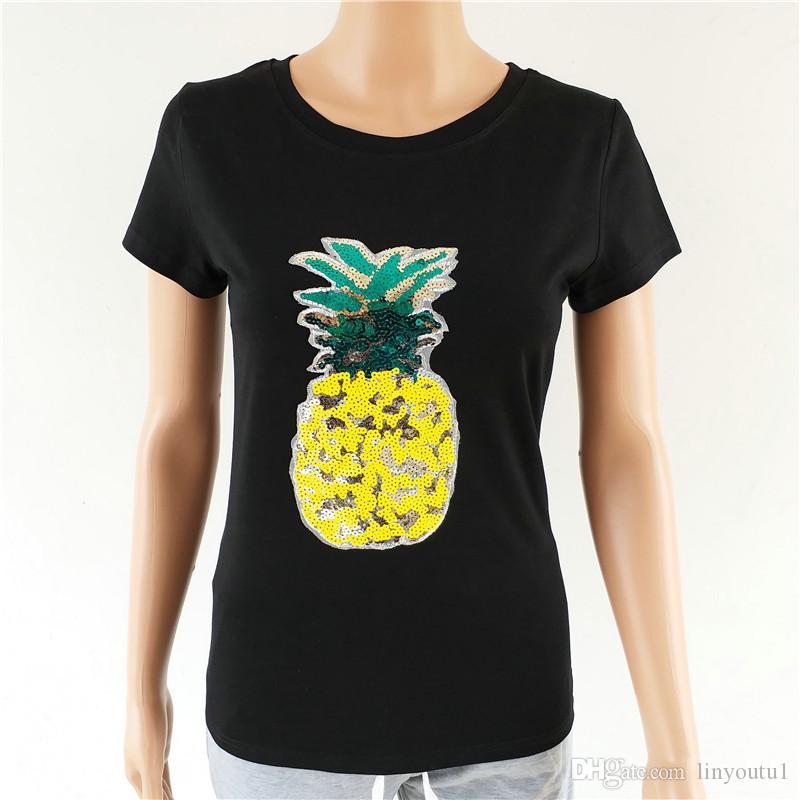 2020 new spring summer fashion new loose sexy tee women top embroidered pineapple sequins T-shirt Girl tops code
