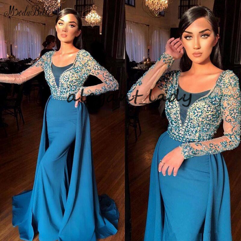 Long Sleeve Mermaid Prom Dresses with Detachable Overskirt 2019 Vintage Teal Blue Arabic Beaded Top Evening Party Gowns dubai trajes de gala