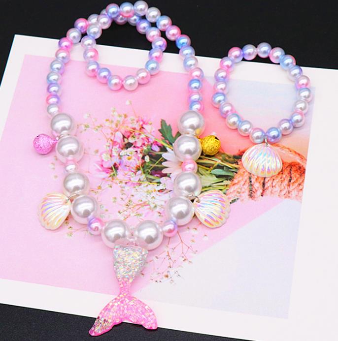 Beaded Necklace Bracelets Ring Clip Earrings for Kids Little Girl Mermaid Pearl Jewelry Sets Favors Bags for Party