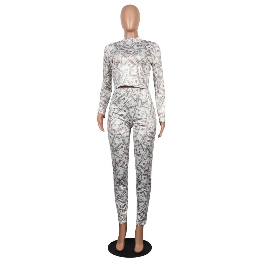 2 Pieces Set Club Women Dollar Bill Printing Slim Bodycon Crop Top Pants Set Women Sportwear Two Pieces Tracksuit Autumn C19041601