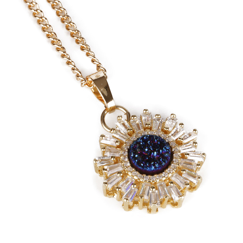 Wholesale- Shining Sun Shape Pendant Necklaces Natural Stone Druzy Rhinestone Necklaces Fashion Style Accessories Gift