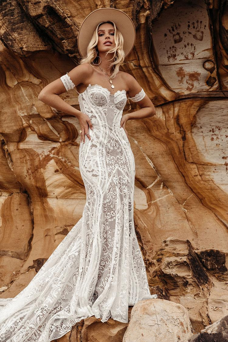 bohemian full lace mermaid wedding dresses off the shoulder sweetheart appliqued bridal gowns sweep train robe de marie