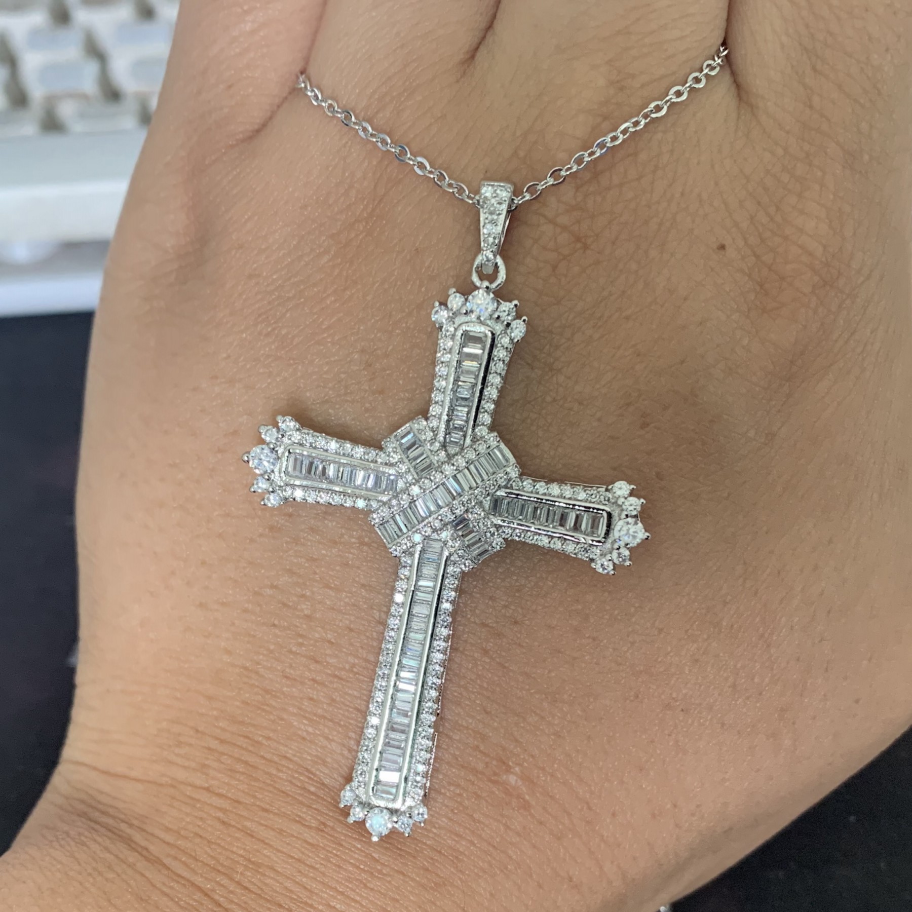 New Style Cross Necklace Hot Sale Drop Shipping Real 925 Sterling Silver Full Princess Cut White Topaz CZ Diamond Women Necklace Gift
