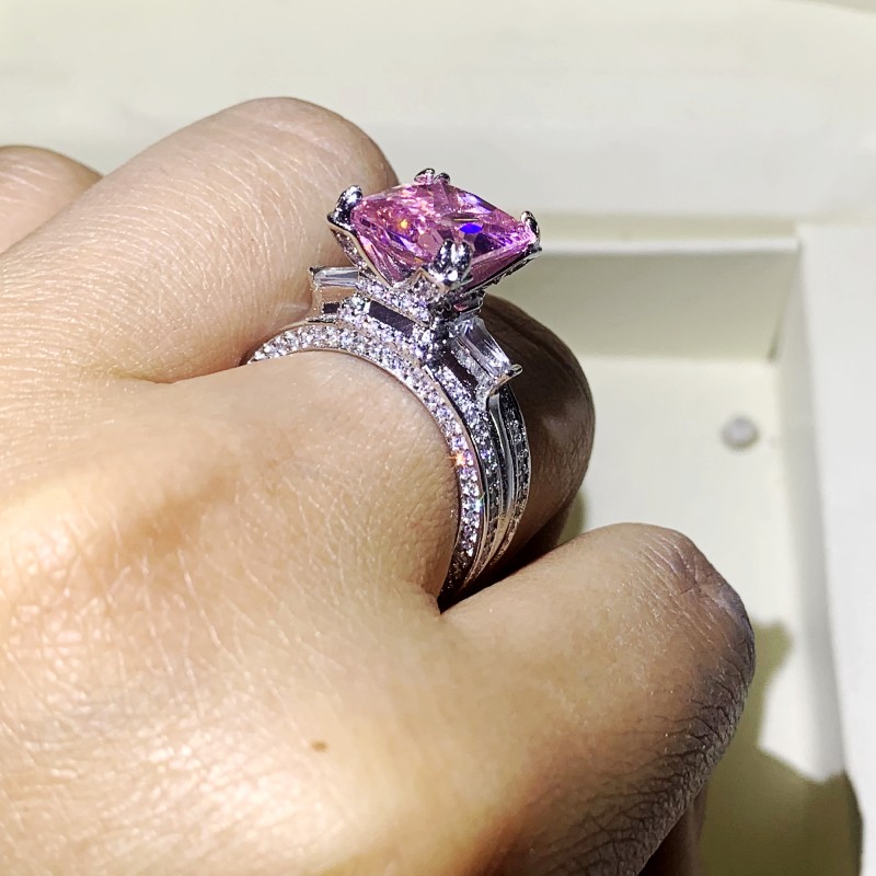 Size 5-10 Luxury Jewelry Stunning 925 Sterling Silver Big Pink Sapphire CZ Diamond Gemstones Eternity Eiffel Tower Women Wedding Band Ring