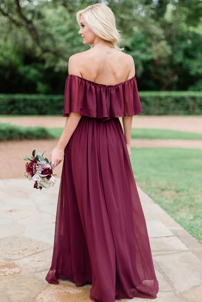 Elegant Country Burgundy Chiffon Bridesmaid Dresses Modest Off the shoulder Beach Plus Size Junior Maid of Honor Wedding Guest Gowns