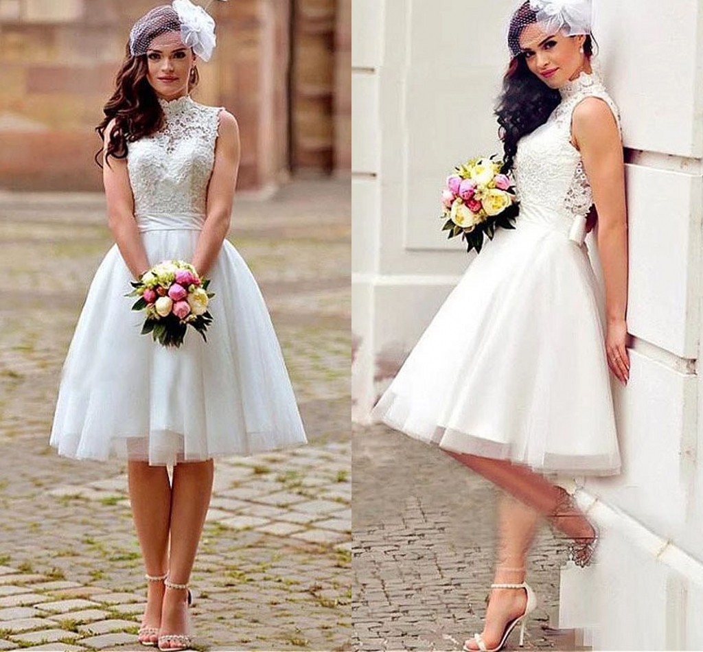 Knee Length Dress A e White High Neck Appliqued Lace Bride Dresses Boho Backless Short Wedding Gowns trouwjurken