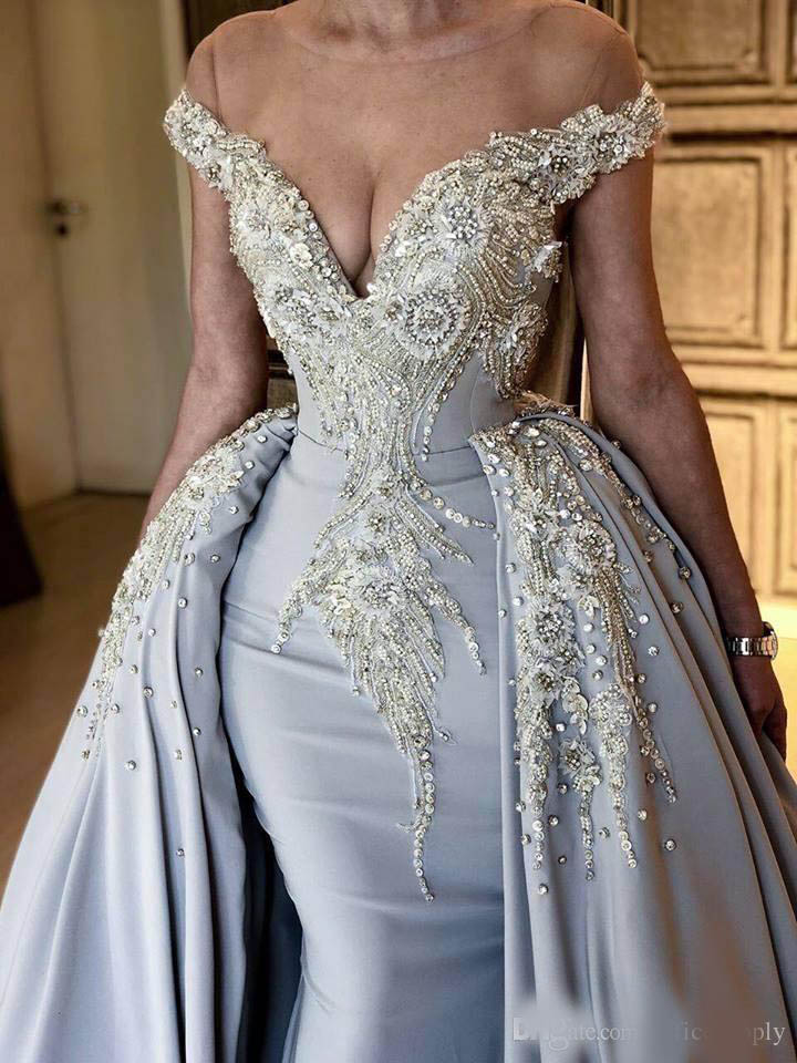 Sexy Light Sky Blue Mermaid Prom Dresses with Long Train Beadings Crystals Sequined Off Shoulder Evening Gowns Special Occasion for Women
