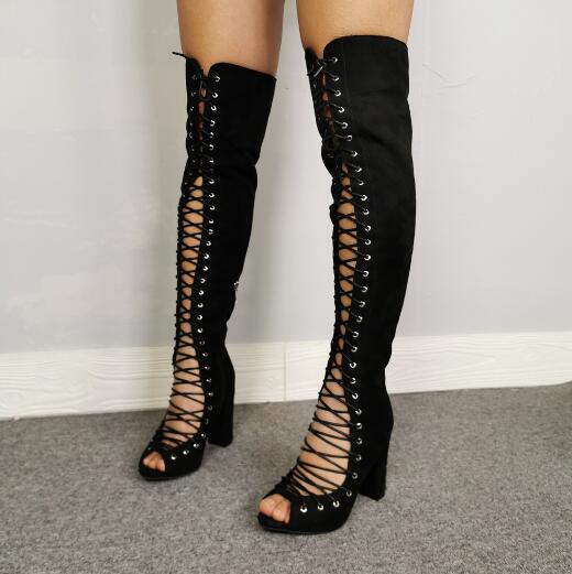 New Black Cuts Out Lace Up Front Thigh Boots Fashion Woman Peep Toe Gladiator Chunky Heels Over The Knee Boots Shoes, As picture
New Black Cuts Out Lace Up Front Thigh Boots Fashion Woman Peep Toe Gladiator Chunky Heels Over The Knee Boots Shoes, As picture