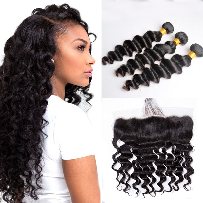 Brazilian Loose Deep Human Hair Wefts with 13x4 Lace Frontal Ear to Ear Full Head Natural Color Can be Dyed Human Hair Extensions