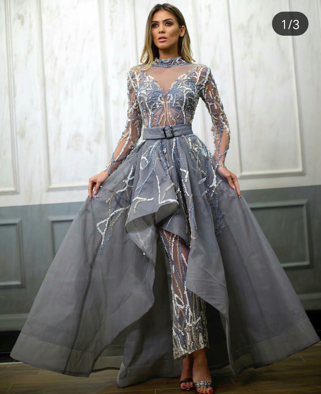 2019 Beaded High Neck Mermaid Prom Dresses Illusion Lace Sheer Long Sleeve Ankle Length Evening Dress Detachable Overskirts Formal Gowns