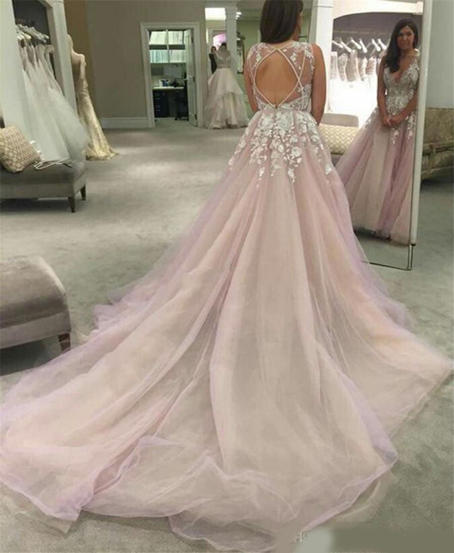 Sexy V Neck Backless Lace Prom Dress Fashion A-Line Tulle Appliques Court Train Vestido De Noiva Elegant Evening Gowns