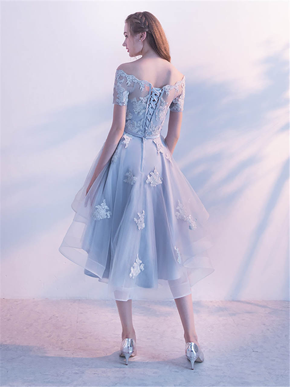 Light blue Short Sleeve Off The Shoulder Appliques Lace Prom Evening Dresses High And Low Tea Length Formal Dress
