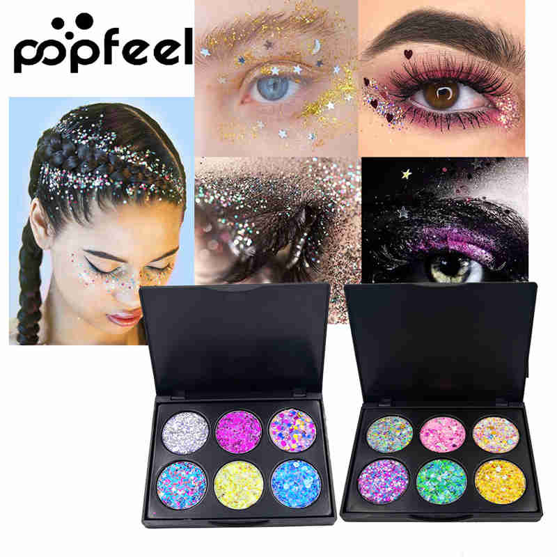 Popfeel 6 Color Glitter Makeup Eoneshadow Palette Bambini Festival Festival Festiva Shimmer Sugliette Palette Glitter Ombretto Palete-image