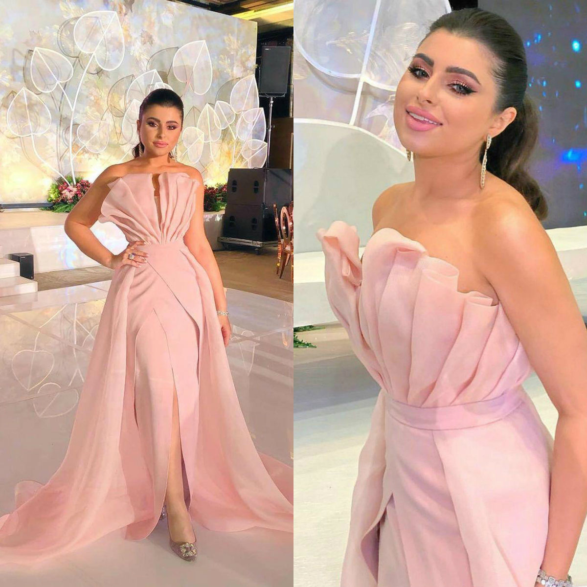 Pink Sheath Elegant Evening Gowns With Long Train Front Split Strapless Abendkleider Cheap Long Prom Dresses Party Formal Gowns