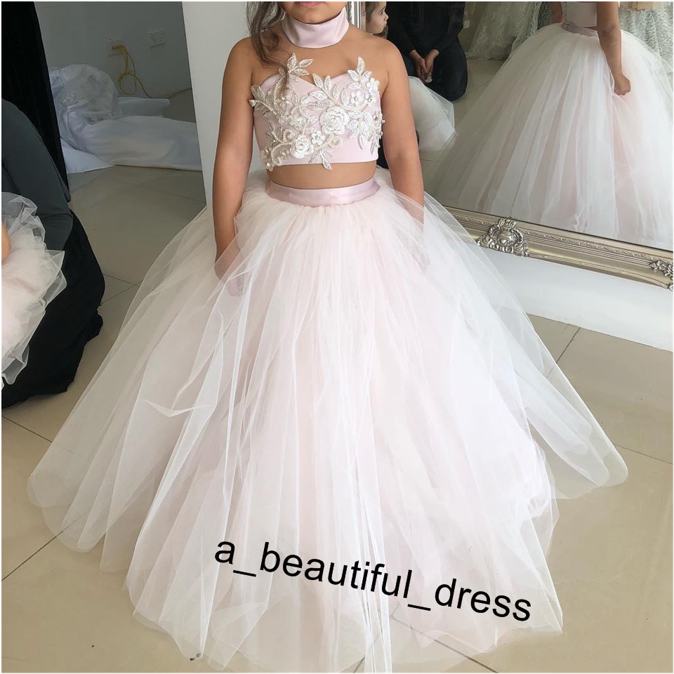 Flower Girl Dresses for Wedding Little Pageant Girls Dress Ball Gown Tulle Appliqued Beaded Two Pieces Birthday Party Communion Wear FG1259