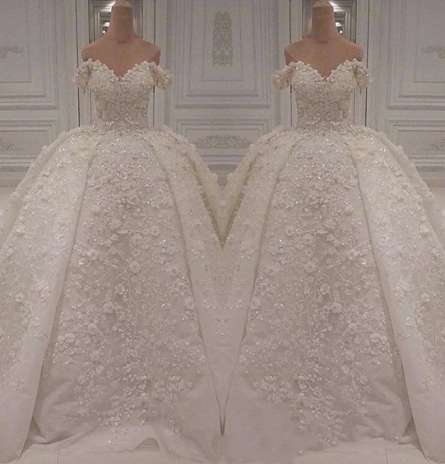 Luxury Lace Ball Gown Wedding Dresses Floral Appliques Lace Beaded Court Train Bridal Gowns 2019 Off Shoulder vestidos de novia