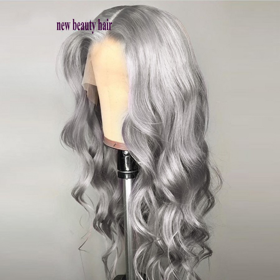 Free shipping High quality 360 frontal free part sier Grey wig Heat Resistant Body Wavy Cosplay Synthetic Lace Front Wigs for white women