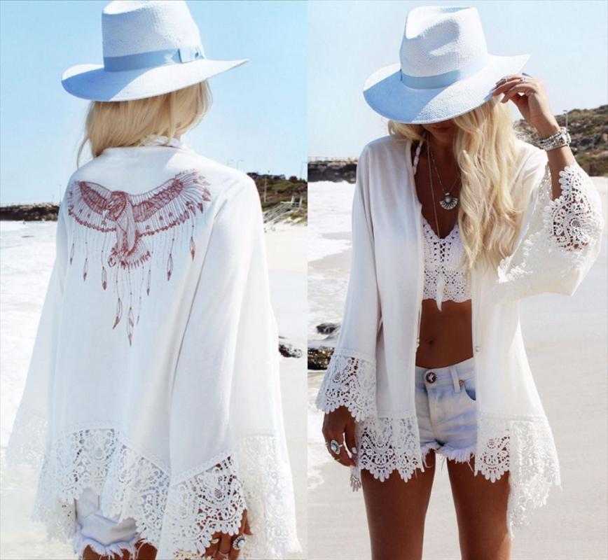 Eagle print on the back of Beach Skirt Chiffon lace stitching large-size resort shirt women, White
Eagle print on the back of Beach Skirt Chiffon lace stitching large-size resort shirt women, White